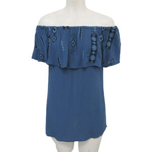 Knox Rose Womens Top Size XS Ruffle Eyelet Blue Embroidered Gauze Off Shoulder